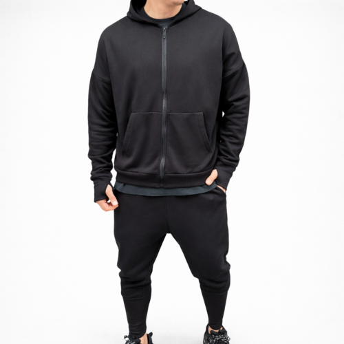 Trening Oversize cu fermoar si tur lasat din BUMBAC - Negru - E22